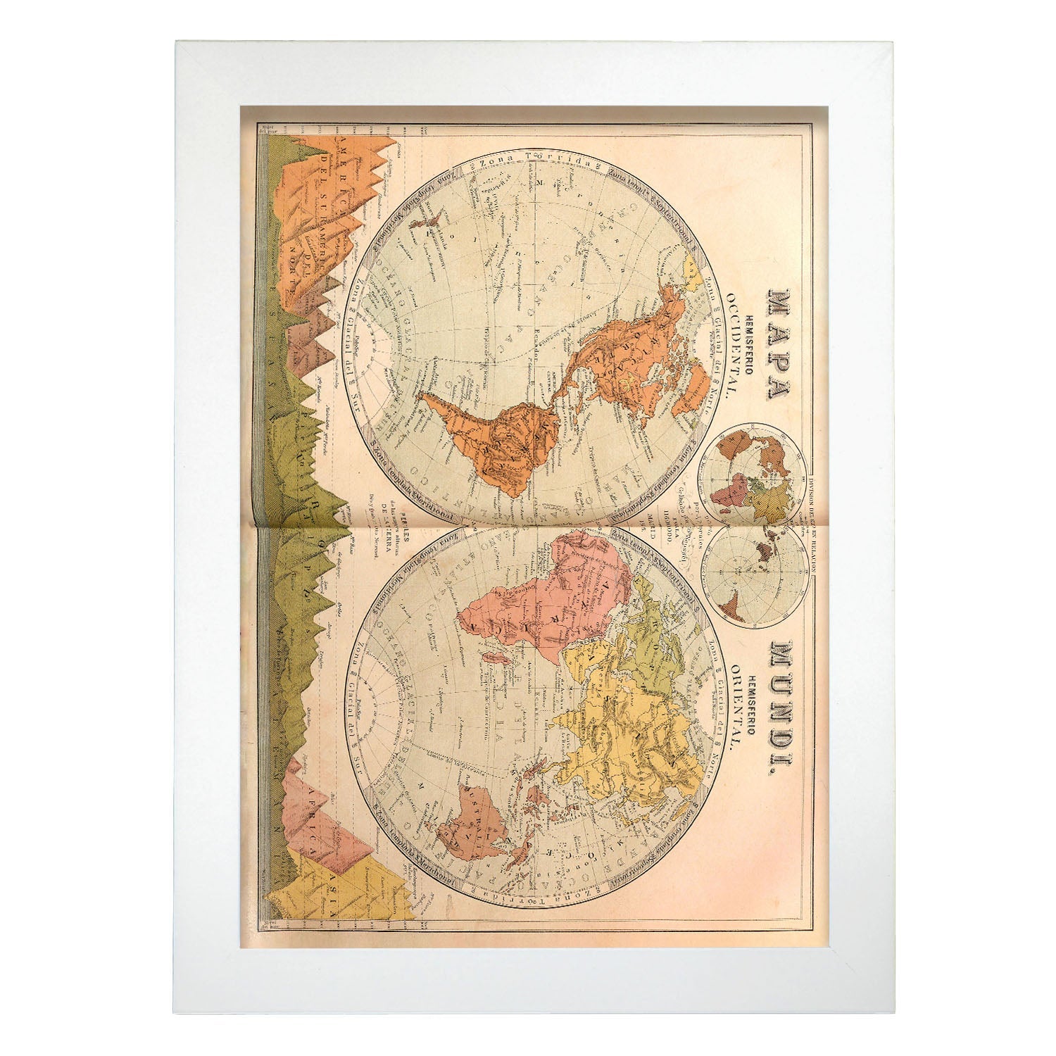 Nacnic Poster Geografico In Stile Vintage, Mappa Del Mondo In Emisferi  1879. Illustrazioni Vecchie Mappe Del Mondo Nei Toni Seppia. A3 Senza  Cornice.
