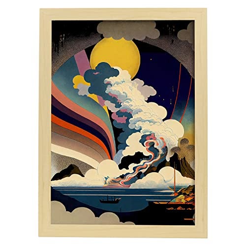 Nacnic Poster Luna D'inverno In Stile Artistico Giapponese Ukiyo Paesaggi  Astratti E Surreali Nelle Illustrazioni A3 Con Cornici In Legno Chiaro