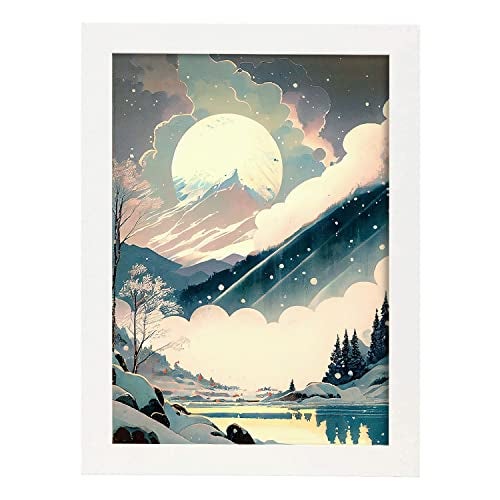 Nacnic Poster Luna D'inverno In Stile Artistico Giapponese Ukiyo Paesaggi  Astratti E Surreali Nelle Illustrazioni A4 Con Cornici Bianche