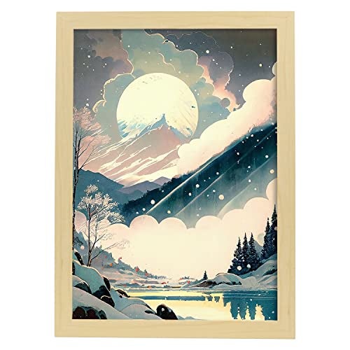 Nacnic Poster Luna D'inverno In Stile Artistico Giapponese Ukiyo Paesaggi  Astratti E Surreali Nelle Illustrazioni A3 Con Cornici In Legno Chiaro