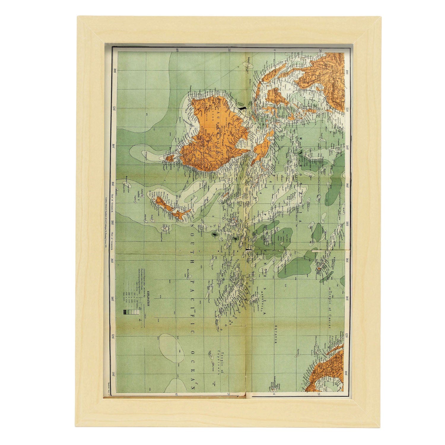Poster Geografico In Stile Vintage. 1893 Mappa Dell'oceania. Illustrazioni  Vecchie Mappe Del Mondo Nei Toni Seppia. A3 Con Cornice. Cornici Nere