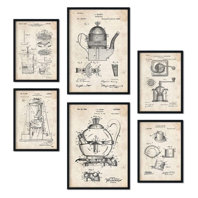  Set De   Láminas De Patentes Cafetera Pósters Con Dibujos Retro De Inventos Antiguos Para Tu Hogar Tamaños A4 Y A3