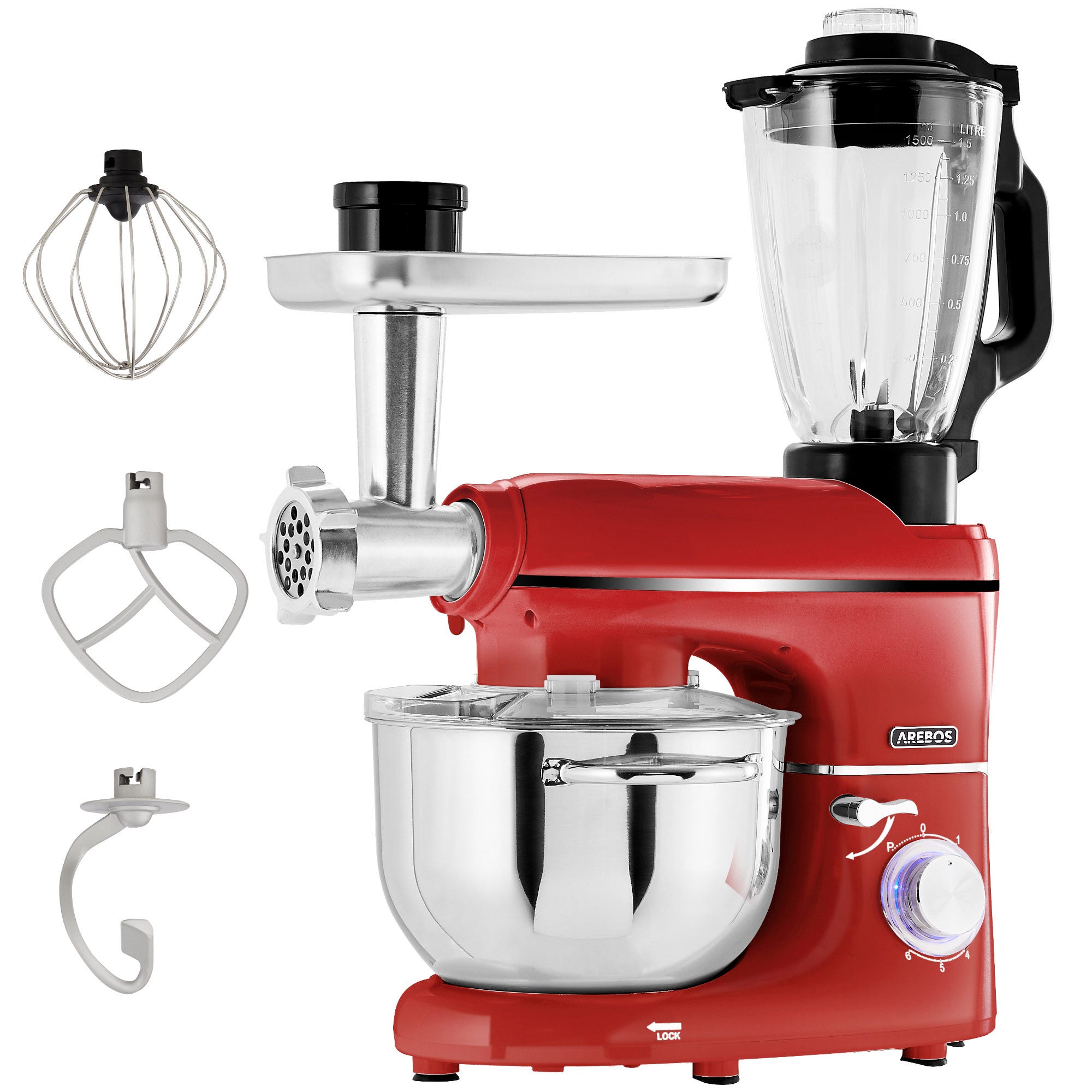 6 en 1 Robot cuisine multifonction 1500W Rouge Robot pâtisserie machine à  pâtes 6 vitesses Bol en inox 5,5 L Pichet en verre 1,5 L