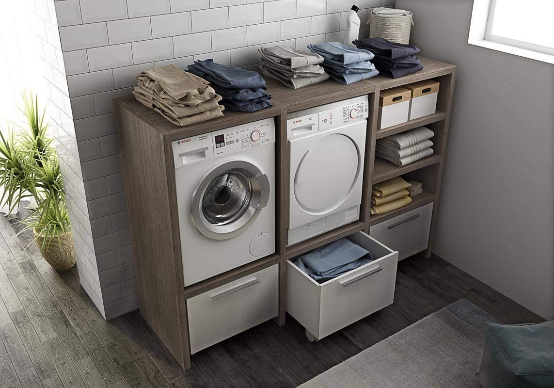 Mobile lavanderia porta lavatrice e asciugatrice, colore rovere grigio, H.  143 L.201 P.62 cm, cestelli biancheria.