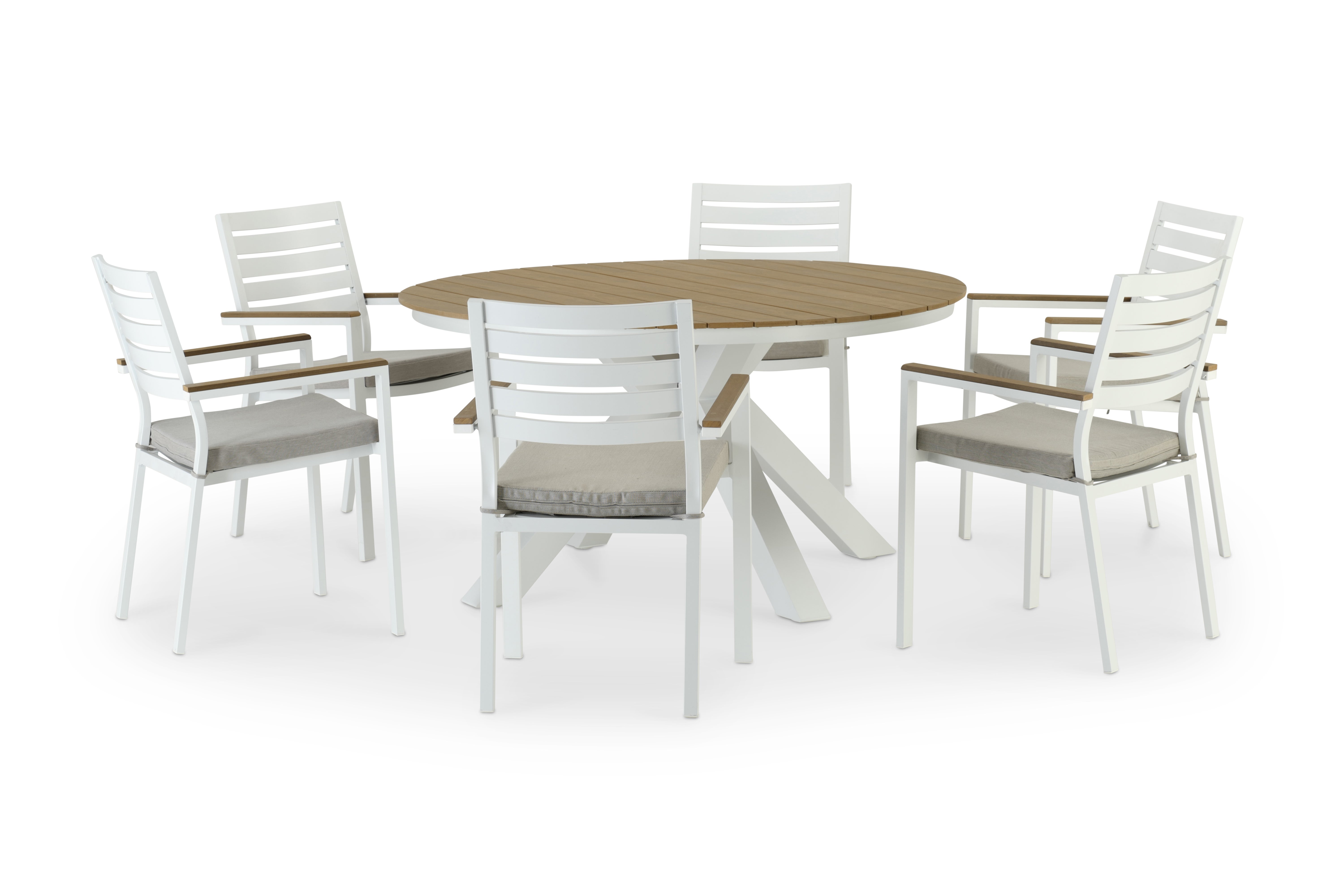 Conjunto comedor mesa redonda madera 150 y 8 sillas BOLONIA&RIVIERA