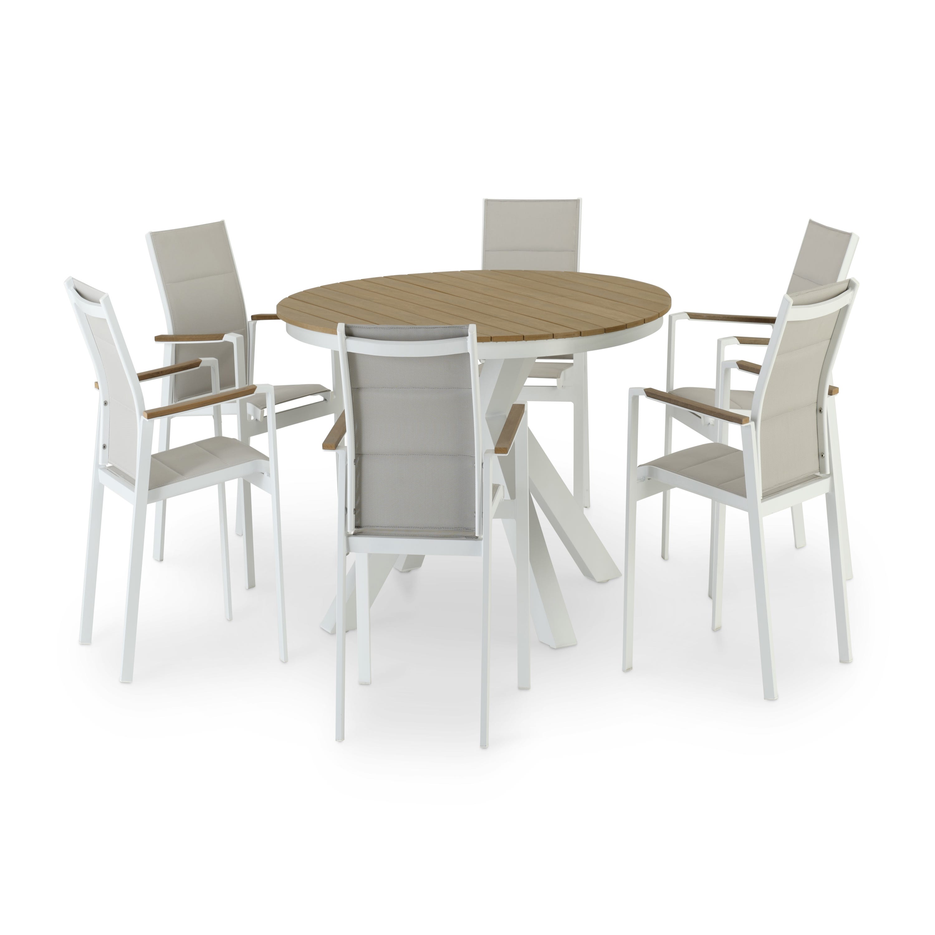 Conjunto comedor mesa redonda madera 150 y 8 sillas BOLONIA&RIVIERA