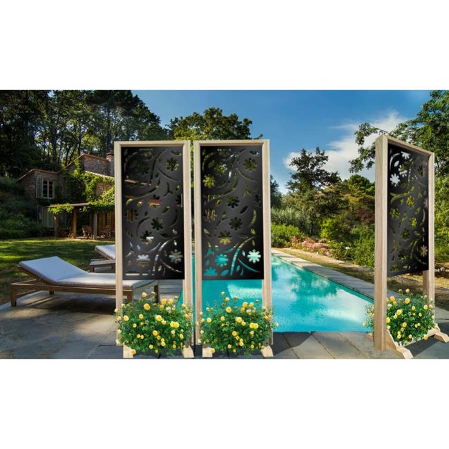 Paravento Da Esterno Outsunny Con Motivi Foglie - Separé In Acciaio 122x45x198 Cm Nero - Foto 4