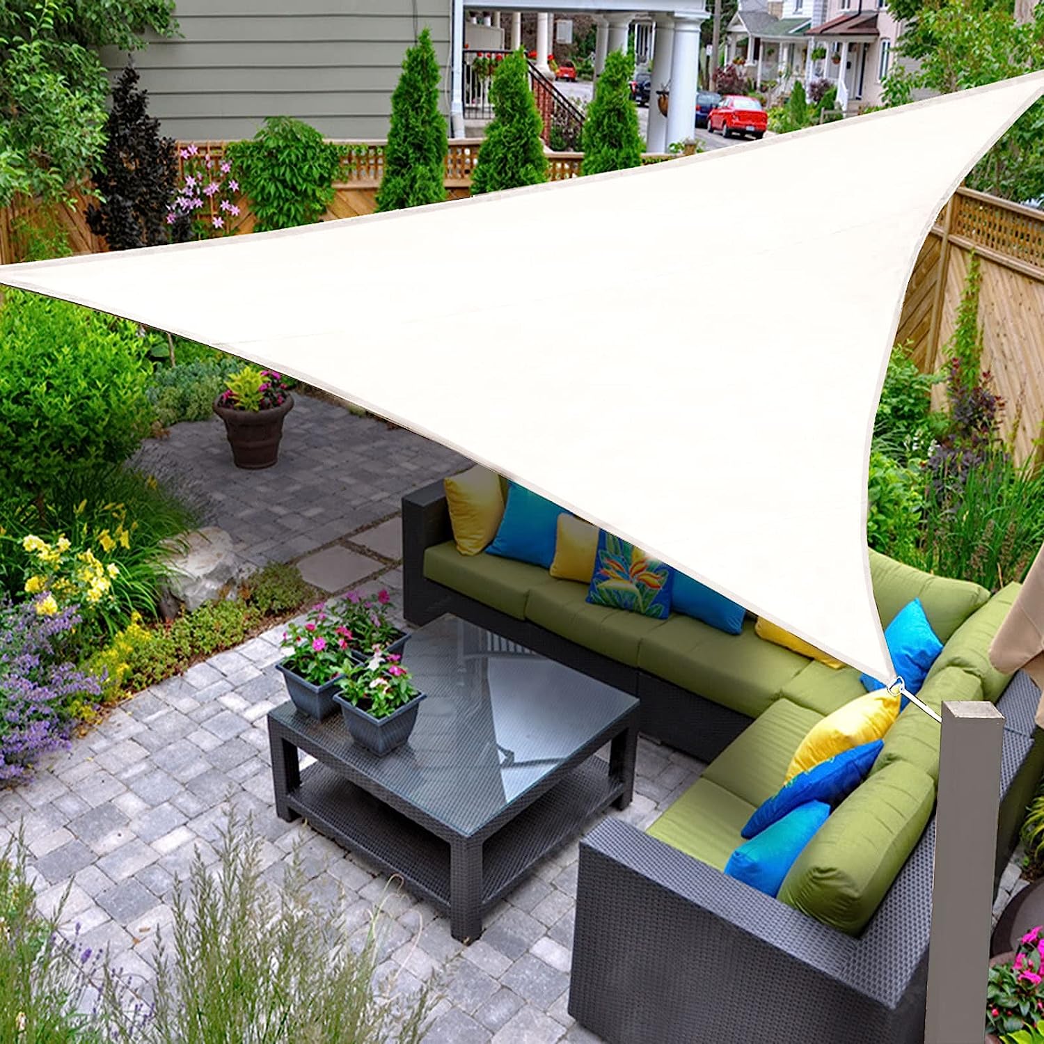 Toldo Vela de Sombra Impermeable Triangular 4x4x5,65m Protección Rayos UV  para Exterior Terraza Patio Jardín-Crema