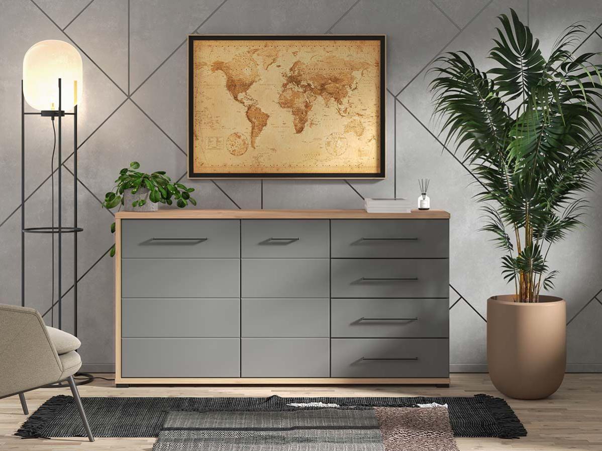 Credenza moderna 4 cassetti e 2 ante, Grigio grafite e Rovere, Zenzero