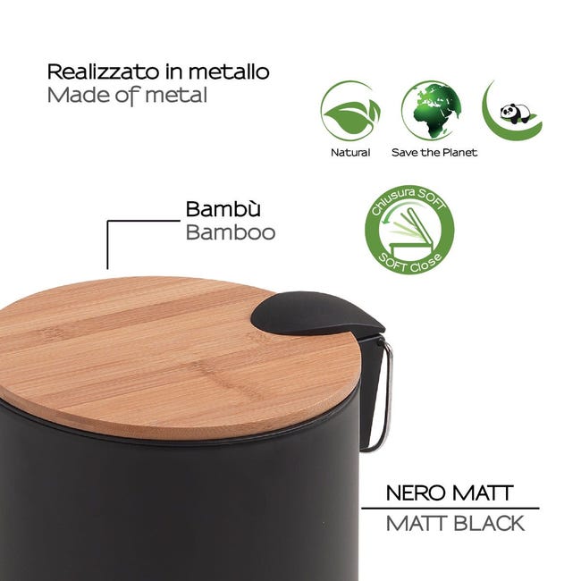 Papelera baño con pedal negra y bambú 3 litros