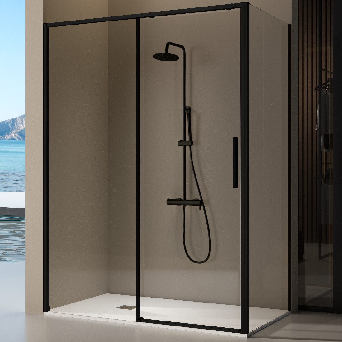 Paroi de douche fixe + porte coulissante DELTA noir mat 117-119.6 cm