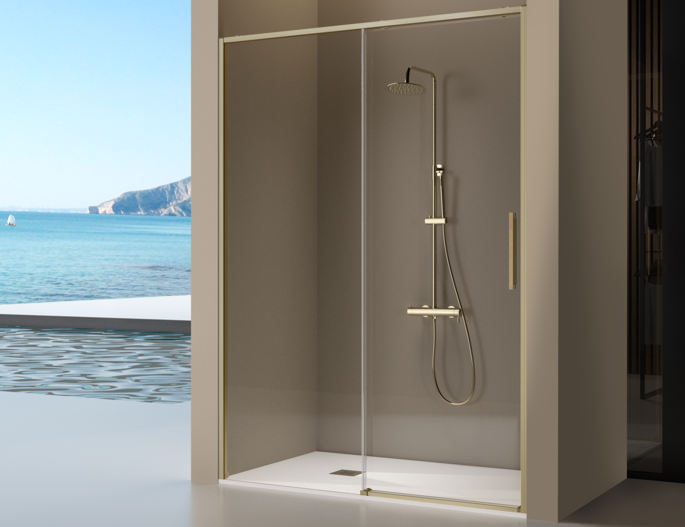 Paroi de douche fixe + porte coulissante DELTA or brossé 114-116.6 cm