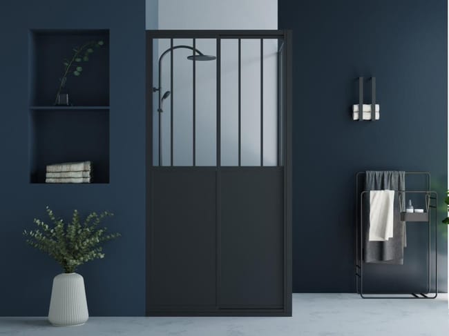 Paroi de douche avec porte coulissante noir mat style industriel - 100