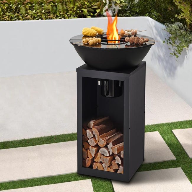 Barbecue plancha brasero à charbon et bois avec rangement 80 x 80 x 96 cm  noir IGNOS