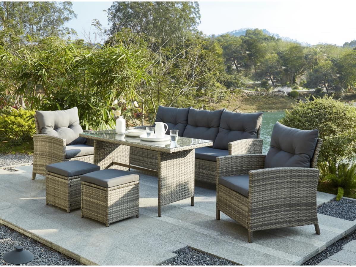 Salon de jardin en résine tressée gris : 1 canapé 3 places, 2 fauteuils