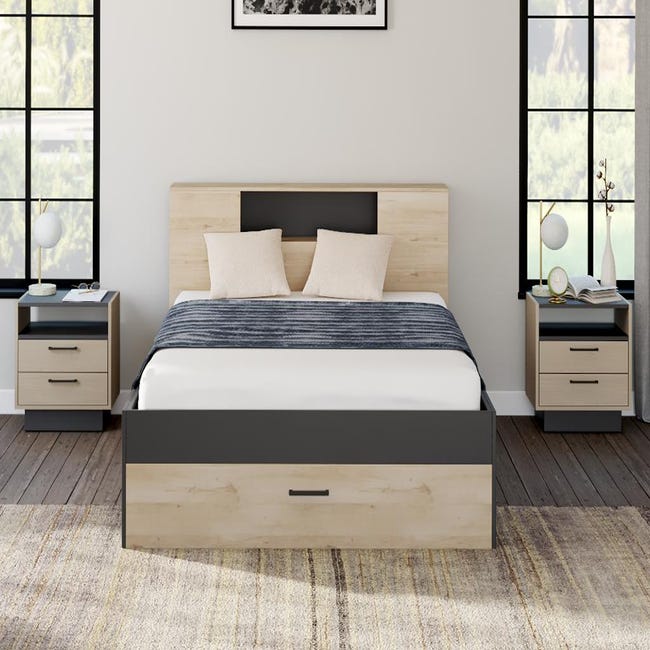 Lit avec tête de lit rangements et tiroirs - 140 x 190 cm - Coloris :  Naturel et blanc + Sommier + Matelas - LEANDRE