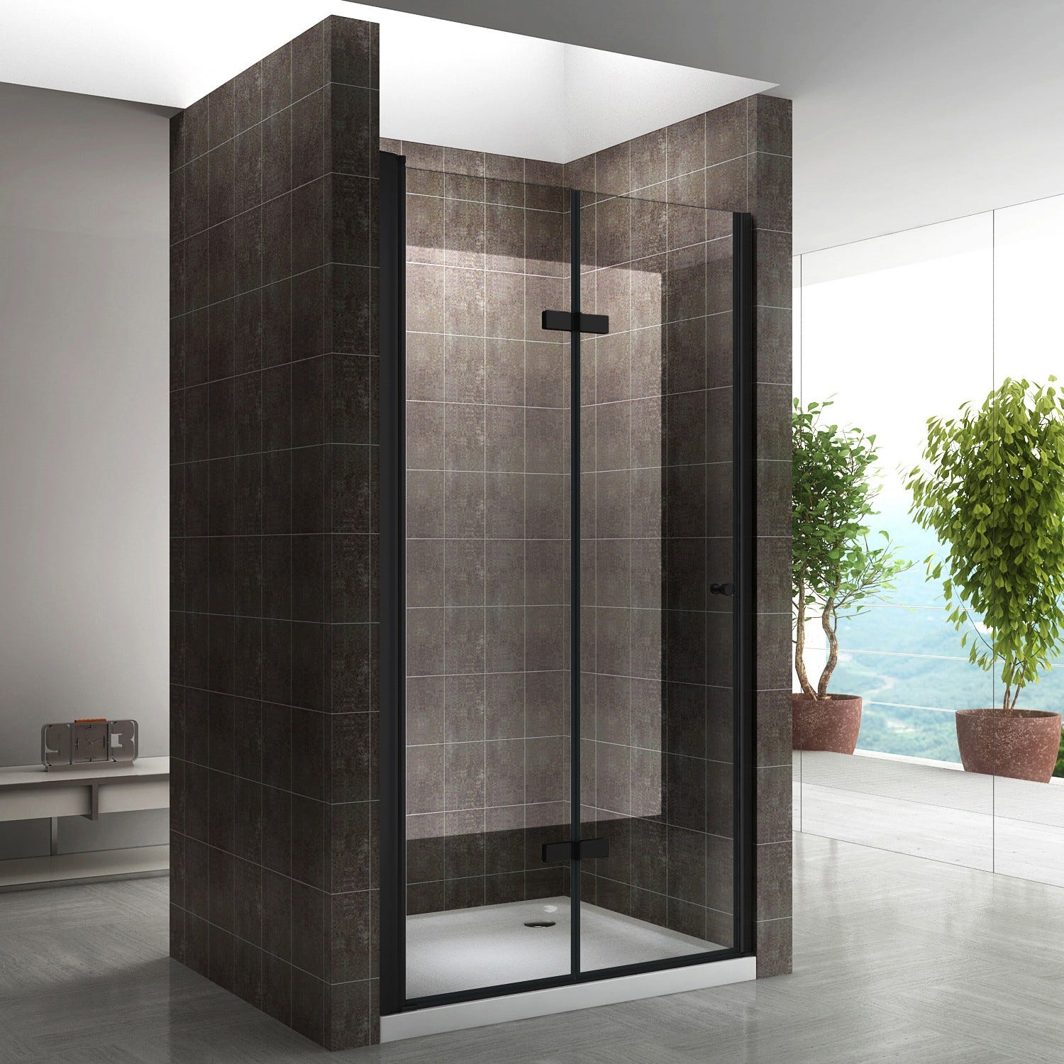 MONABLACK Porte de douche pliante H 195 cm noir largeur réglable de 84 à 88  cm verre 6 mm transparent