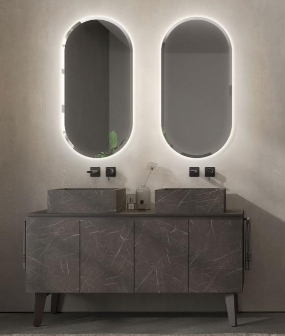 Mobile A Specchio Con LED Grigio Cemento - 70x16,5x60 Cm, In Legno Ingegnerizzato, Con USB