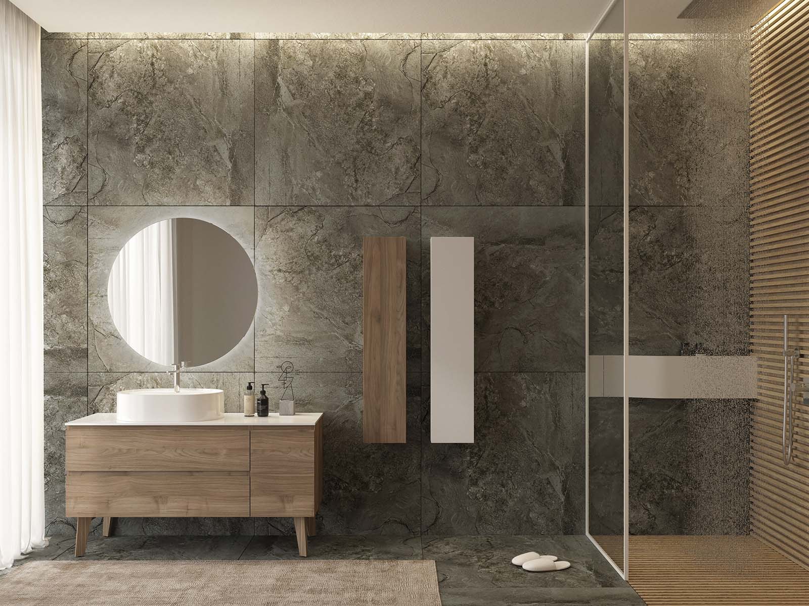 Mobile bagno di design con lavabo ad appoggio, specchio con LED e pensili,  rovere. L.135 x P.50 cm