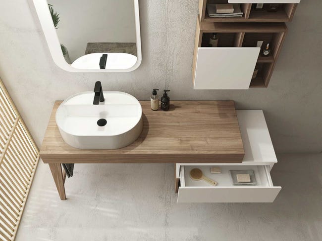 Top bagno con lavabo integrato in HPL con cassetto specchio lampada Miglior  Prezzo