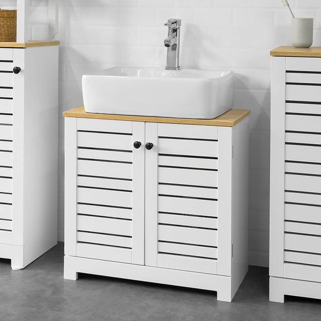Mueble de baño para baño, color blanco y natural, 60 x 30 x 59 cm