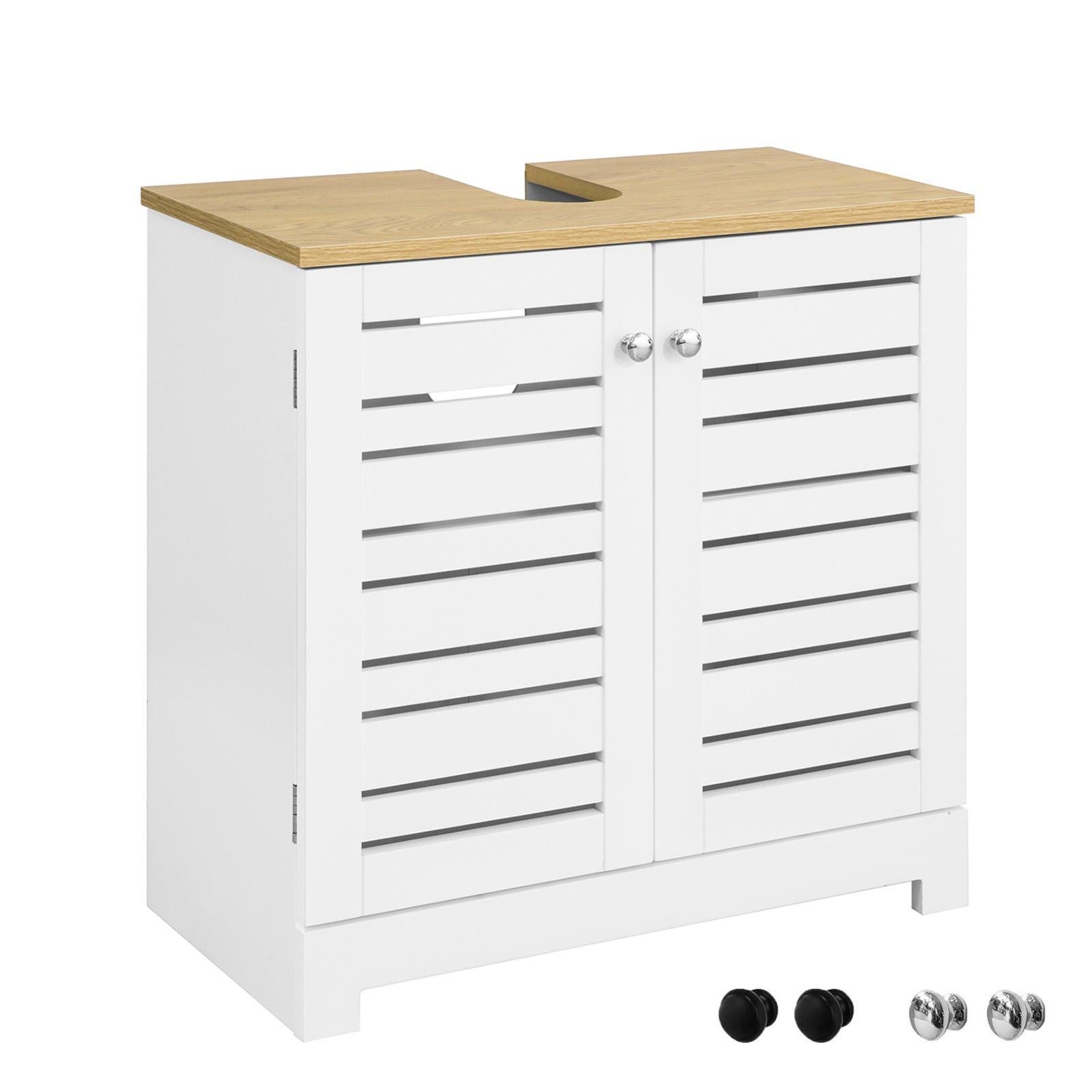 Mobiletto Per Lavandino Bagno Mobile Sotto Lavabo Con 2 Ante Senza Lavandino Bianco E Naturale 60x35x58 Cm Bzr72 W Sobuy