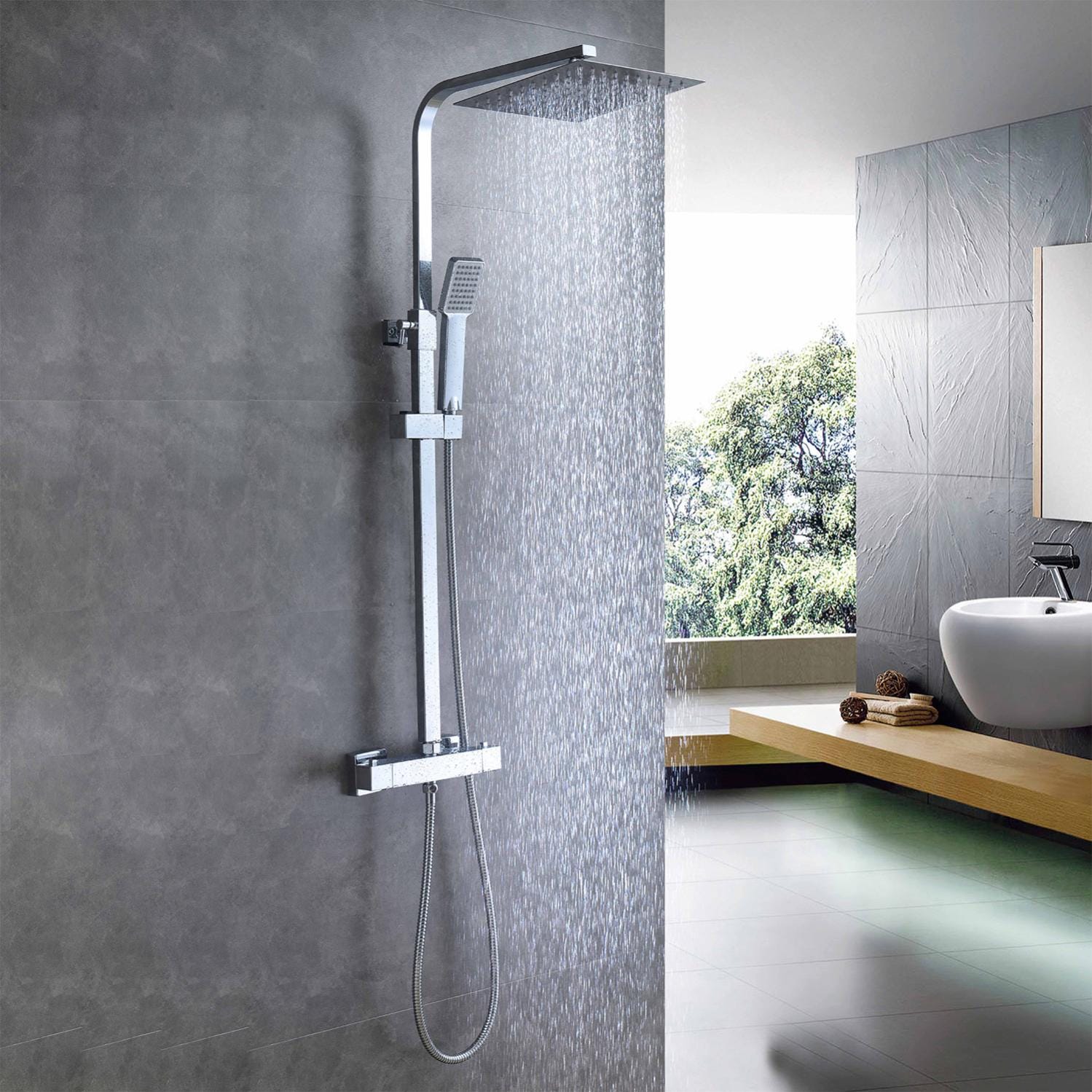 Coluna de duche termostática Aica, duche de casa de banho, chuveiro  quadrado grande e torneira em aço inoxidável cromado, chuveiro chuva,  80-120 cm