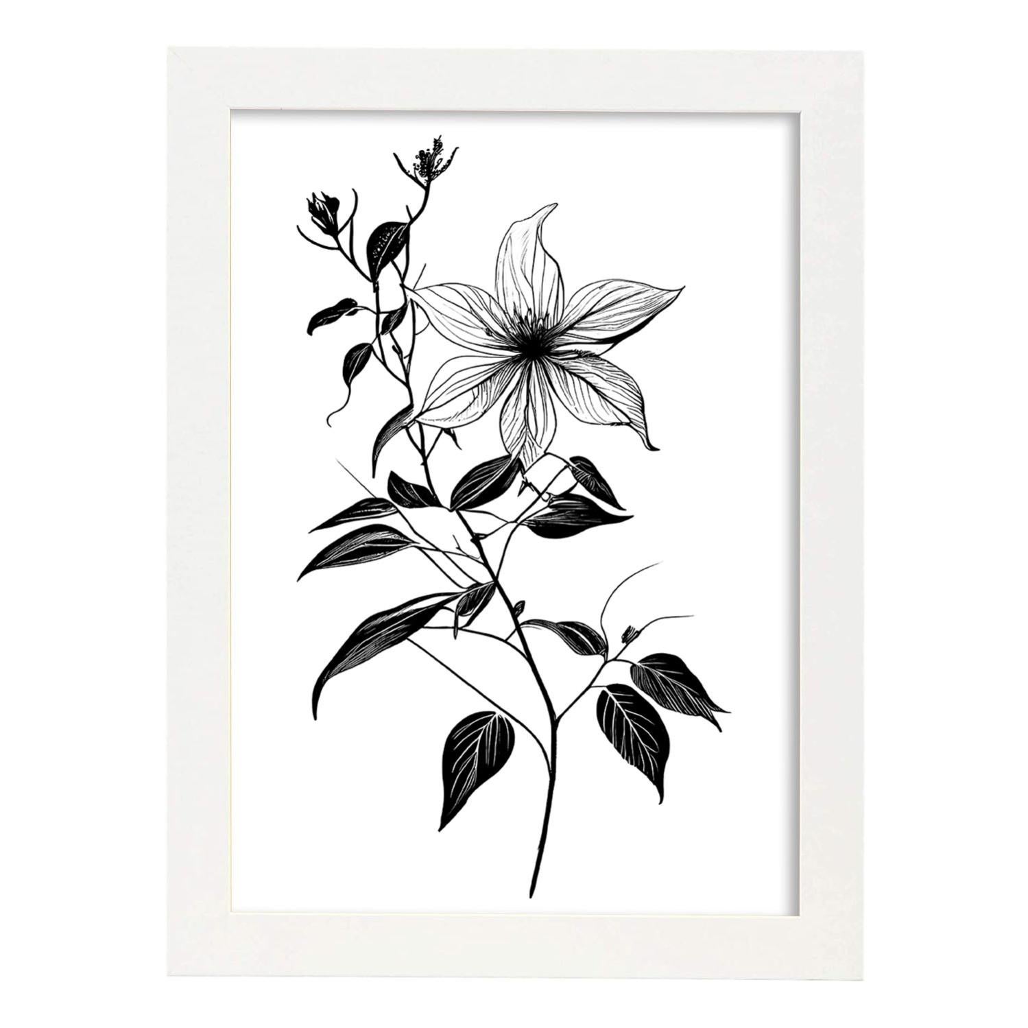 Nacnic Verveine Illustration d'affiche botanique de fleur noire et blanche Affiche d'art mural minimaliste nordique pour design d'intérieur Modèle 1 Taille A4 avec cadre blanc