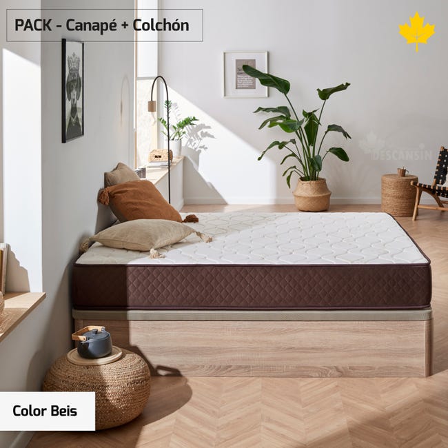 Pack Colchon + Canape Abatible Descansin, 105 x 190, Beis, Maxima  Comodidad, Gran Almacenaje