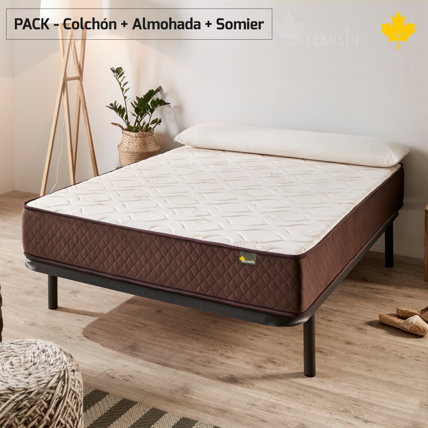 Pack Colchon + Almohada Viscoelastica + Somier Descansin, 105 x 190, Ideal para Personas con Dolores de Espalda, Efecto nube, Silencioso