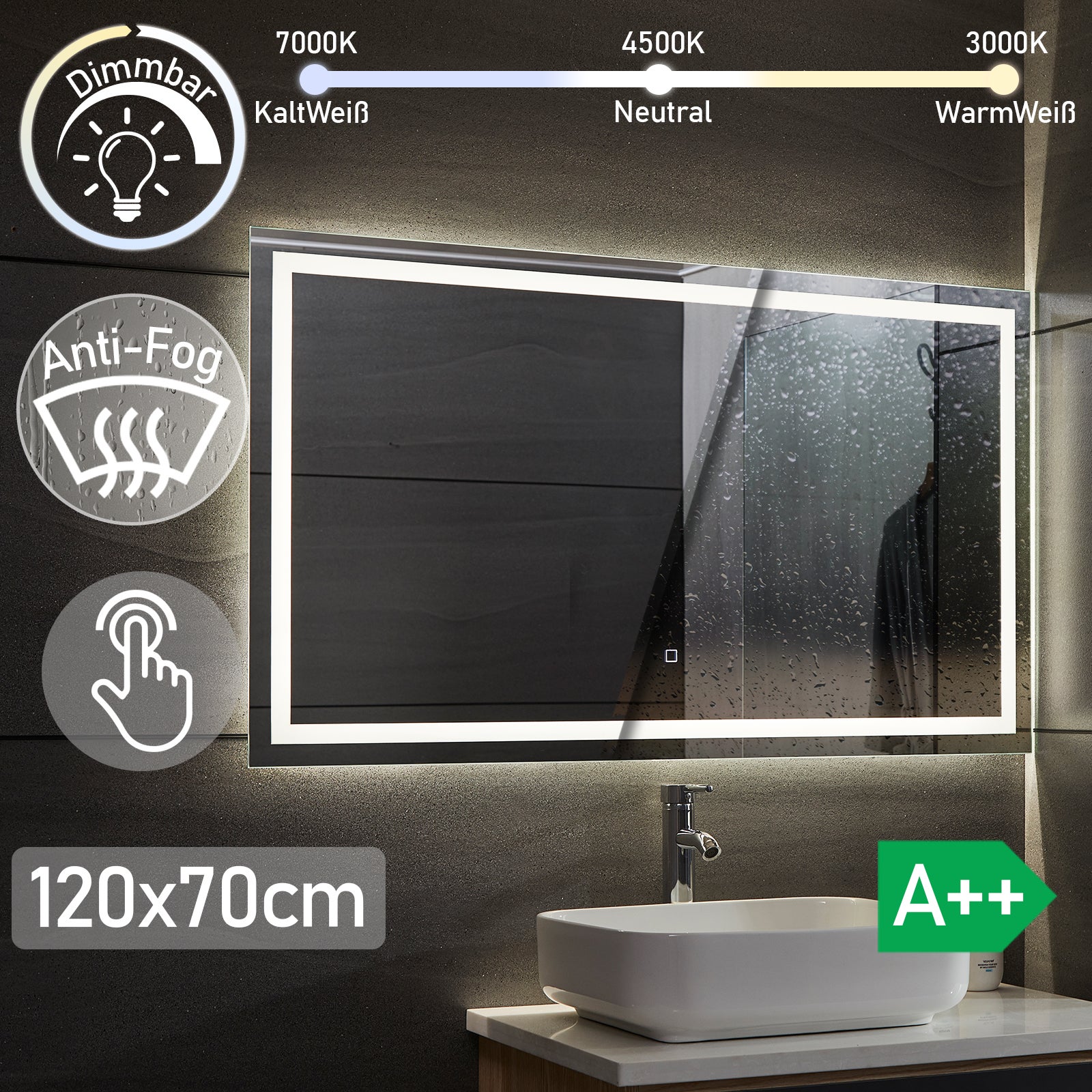 Espejo de baño LED 80 x 60 cm, suspensión vertical/horizontal, función  antivaho, botón táctil, blanco frío 6000k
