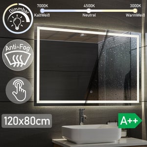 MIQU - Specchio da bagno, 120 x 80 cm, con illuminazione a LED, luce bianca  fredda, con ingrandimento 3x, interruttore a bottone, anti-appannamento