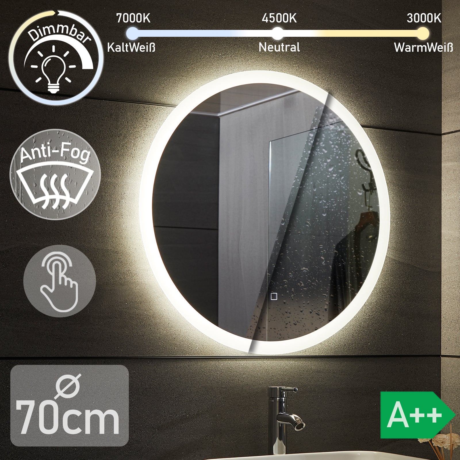 Specchio LED Rotondo - Ø 70 cm, A++, Controluce Bianca Fredda/Calda/Neutra,  a Touch, Antiappanamento - Specchio Retroilluminato