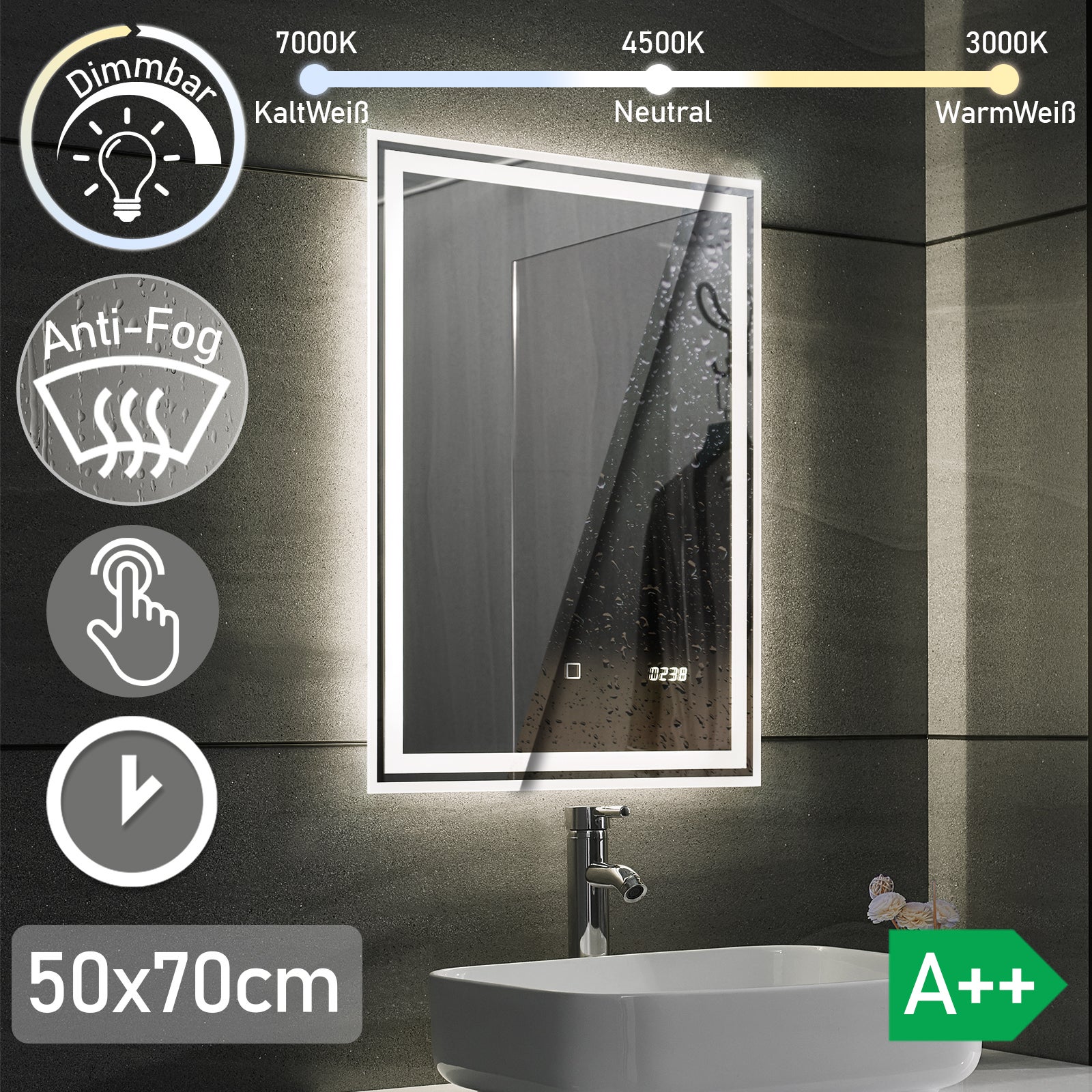 HOKO® Köln - Espejo de baño con LED (50 x 70 cm, sin vaho y reloj