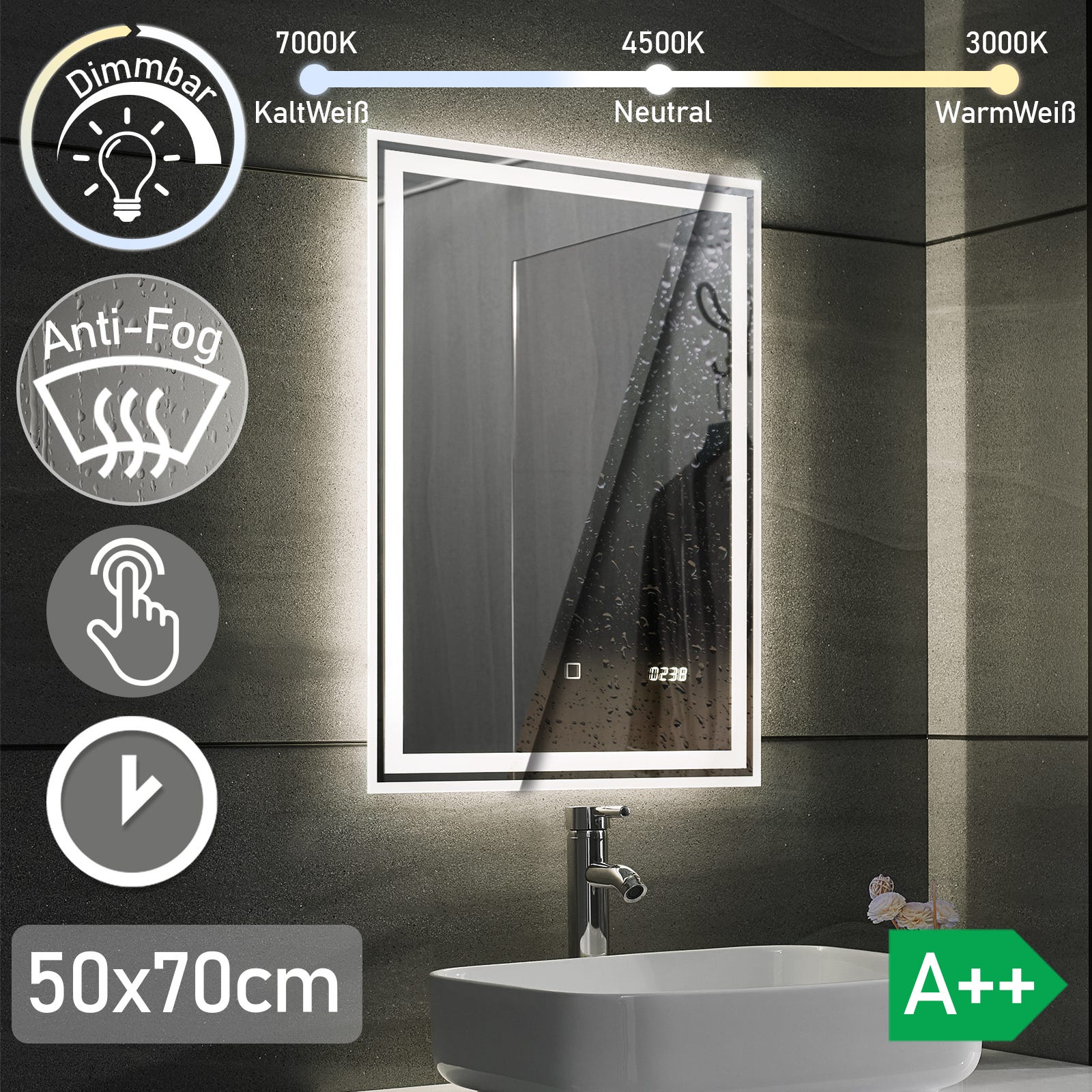 Espelho de casa de banho led 120×70cm + bluetooth + anti-embaciamento