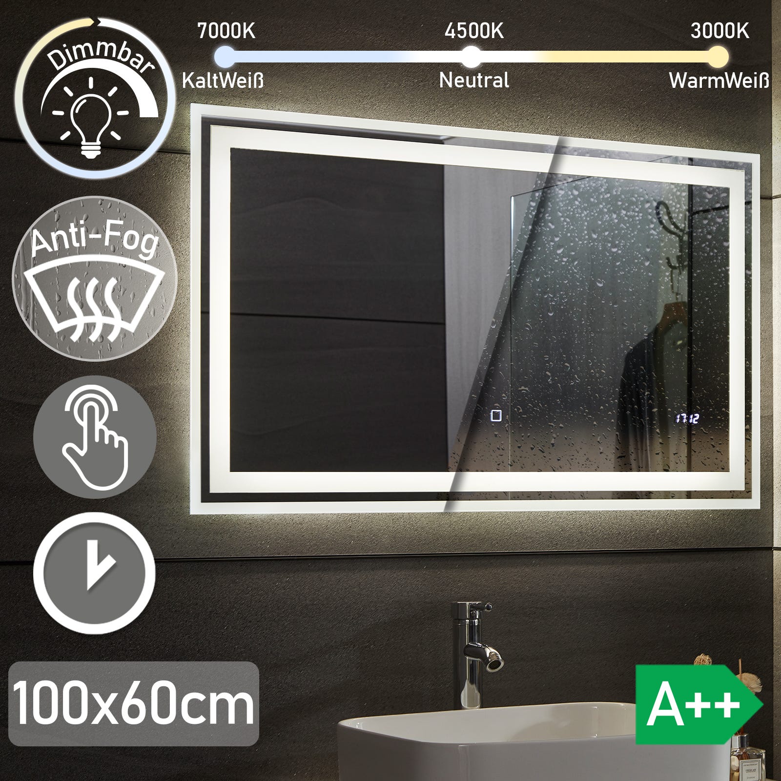 Espejo de baño LED 120 x 70 cm, suspensión vertical/horizontal, función  antivaho, botón táctil, blanco frío 6000k