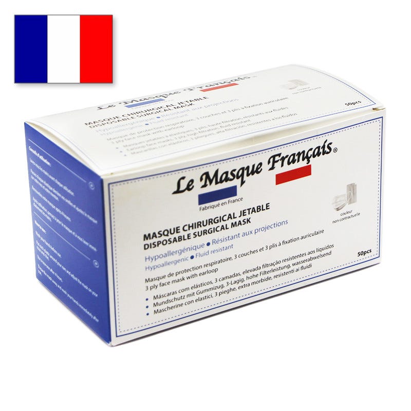 Masques chirurgicaux 3 plis IIR - Fabrication Française (SANS LATEX) -  BOITE 50 MASQUES