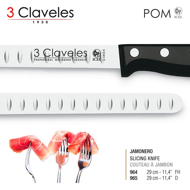 3 Claveles POM - Cuchillo Jamonero Alveolado Profesional 29 cm