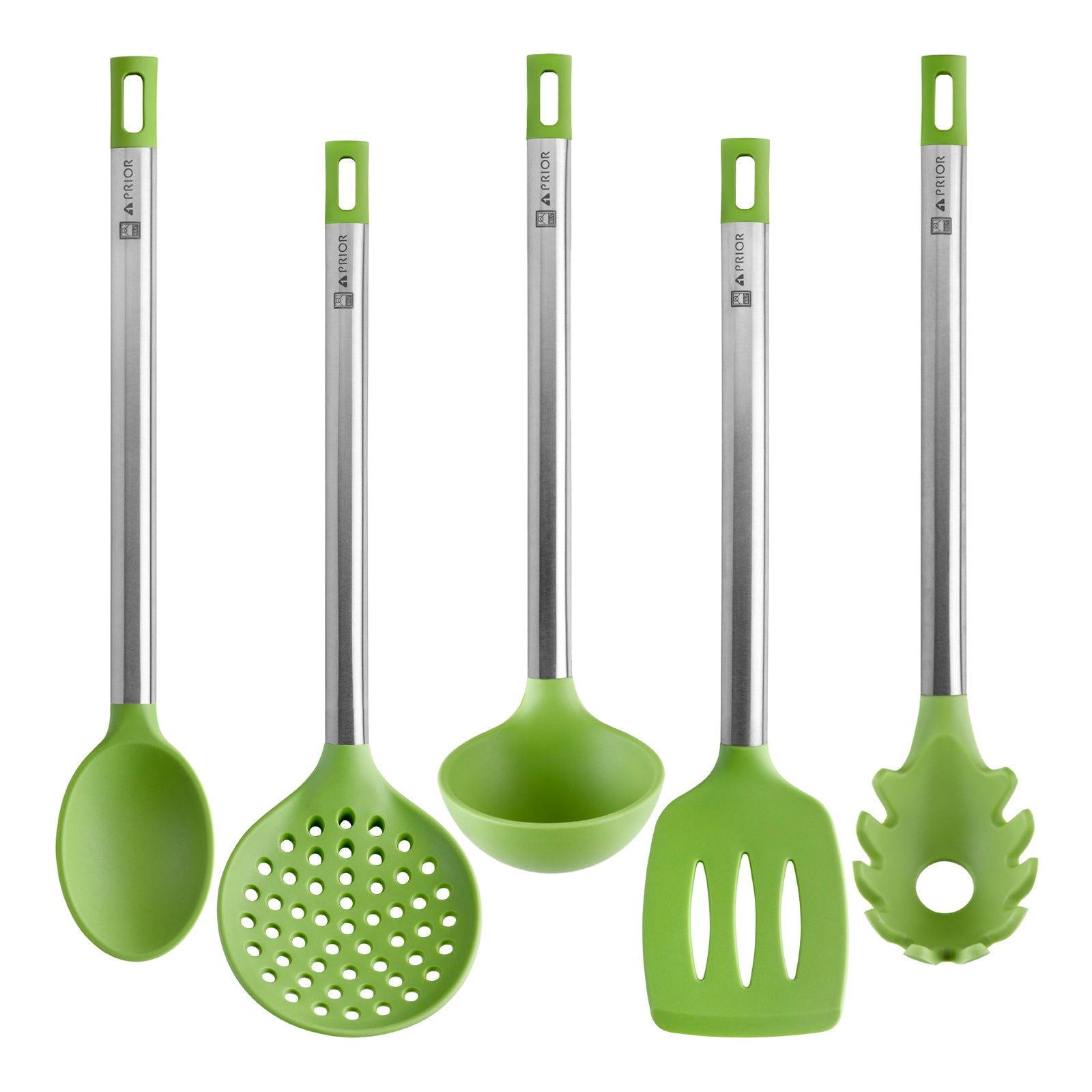 Conjunto de utensilios de cocina con mango de acero inoxidable y acabado  plateado con verde Prior Bra
