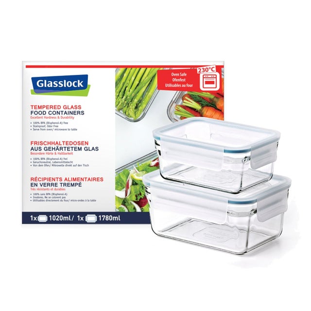 Glasslock Oven Safe - Lote de 2 Recipientes Rectangulares de 1L y 1.8L en Vidrio Templado Aptos Horno