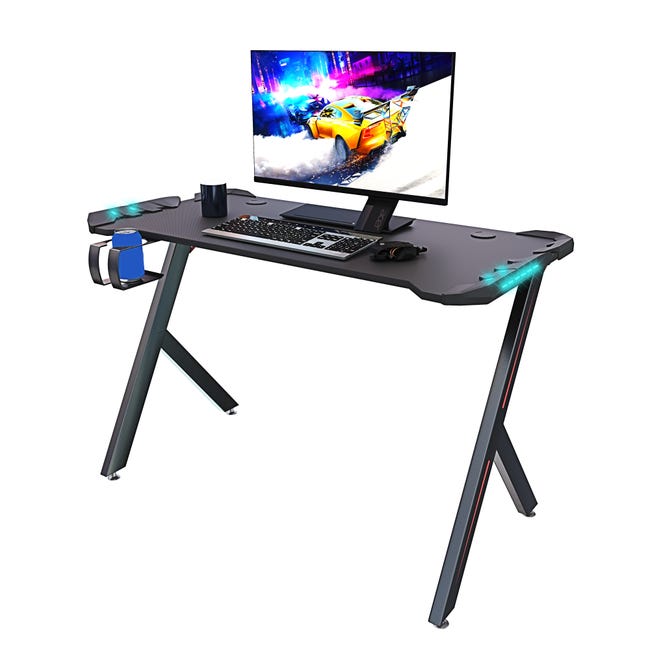 Scrivania Gaming Desk Postazione Computer PC Con LED Completa Di Accessori  Salvaspazio Piedini Regolabili Disegno Camera Gamer 120 x 61 x 73 Cm Nero