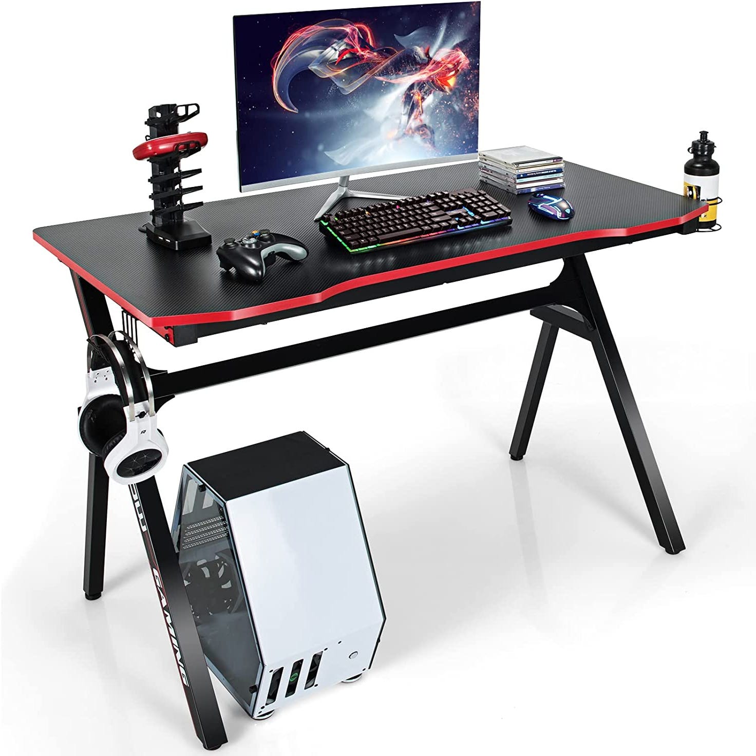 Bureau de jeu, gaming bureau ergonomique avec cadre en forme de k,  porte-gobelet et crochet