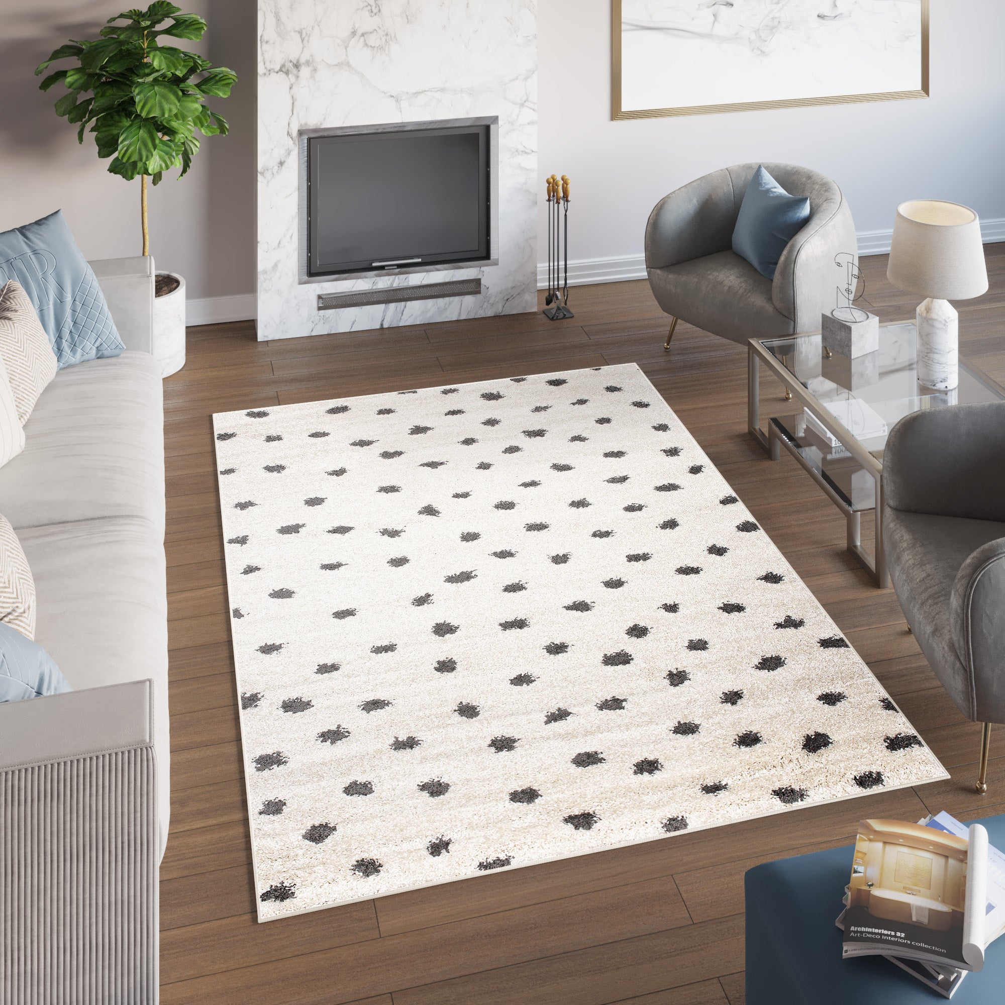 Tapiso delhi alfombra de salón dormitorio oficina moderno puntos beige crema grafito pelo largo suave shaggy 200 x 290 cm