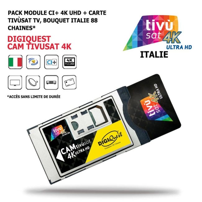 Pack Module Cam 4K + Carte Tivùsat activée pour Bouquet Italien Pack Module Cam 4K + Carte Tivùsat activée pour Bouquet Italien