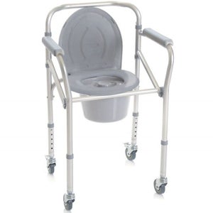 SILLA SANITARIA PLEGABLE CON RUEDAS = INODORO PORTATIL + ELEVADOR DE INODORO  de Acero Cromado