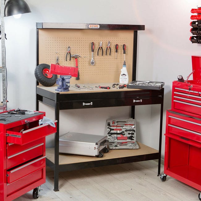 Banco de trabajo de taller con tablero de clavijas y cajón, caja de  herramientas de almacenamiento de herramientas de alta resistencia,  encimera de