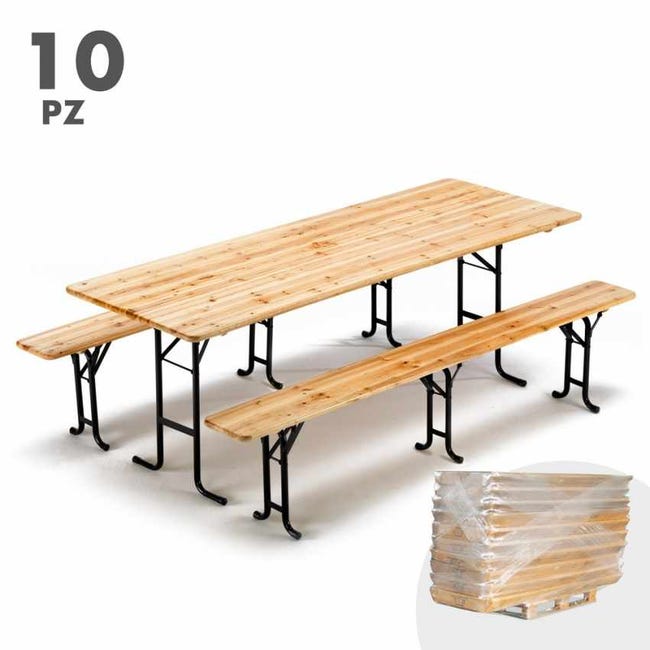Table extérieur en bois (en sapin), avec pieds en fer de forme X. 2,80 de  longueur