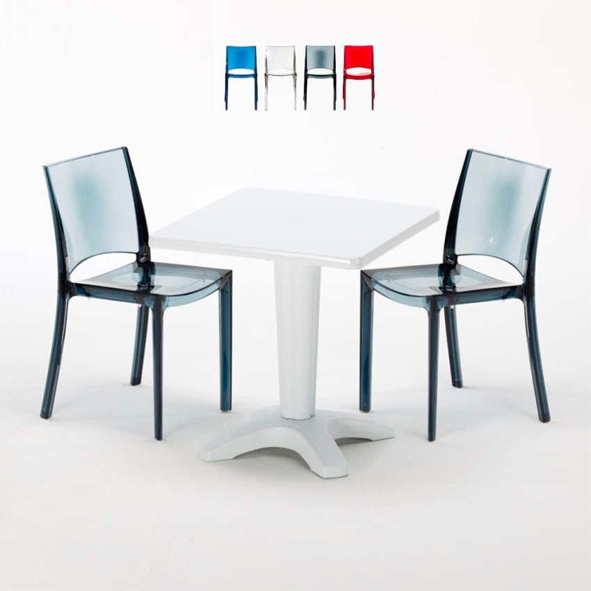 Mesa cuadrada 70x70 cm y 2 sillas de colores transparentes caffè