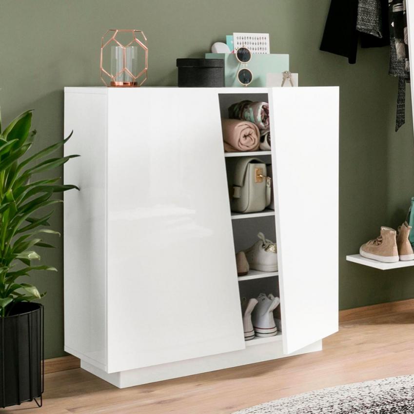 Meuble chaussure design moderne 2 portes 16 paires blanc brillant Vega
