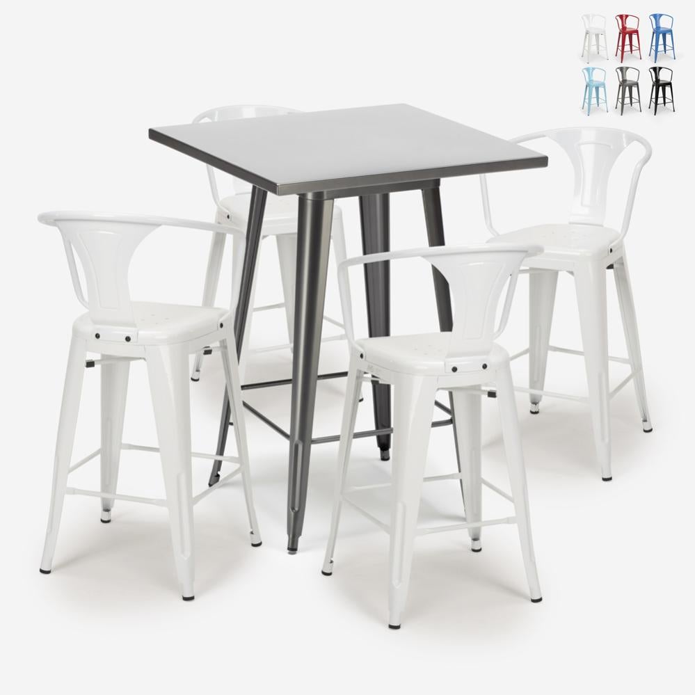 Set Tavolo Bar Detroit 100 Cm Con 4 Sgabelli - Legno E Metallo Bianco, Design Industriale, Per Cucina